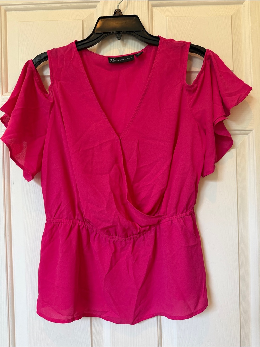NY & Company Bright Fuchsia Cold-Shoulder Surplice Blouse